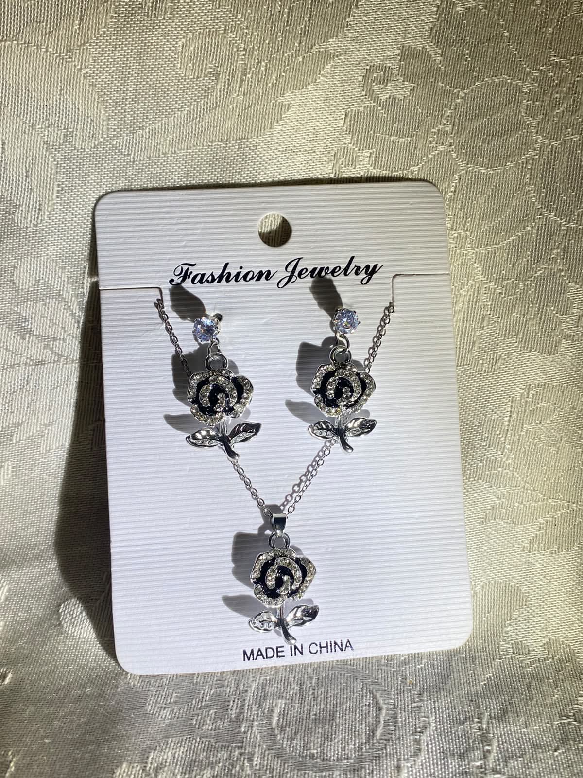 Silver Black Rose Necklace & Earrings Set with Crystal Accents