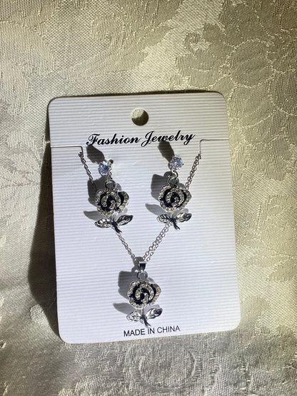 Silver Black Rose Necklace & Earrings Set with Crystal Accents