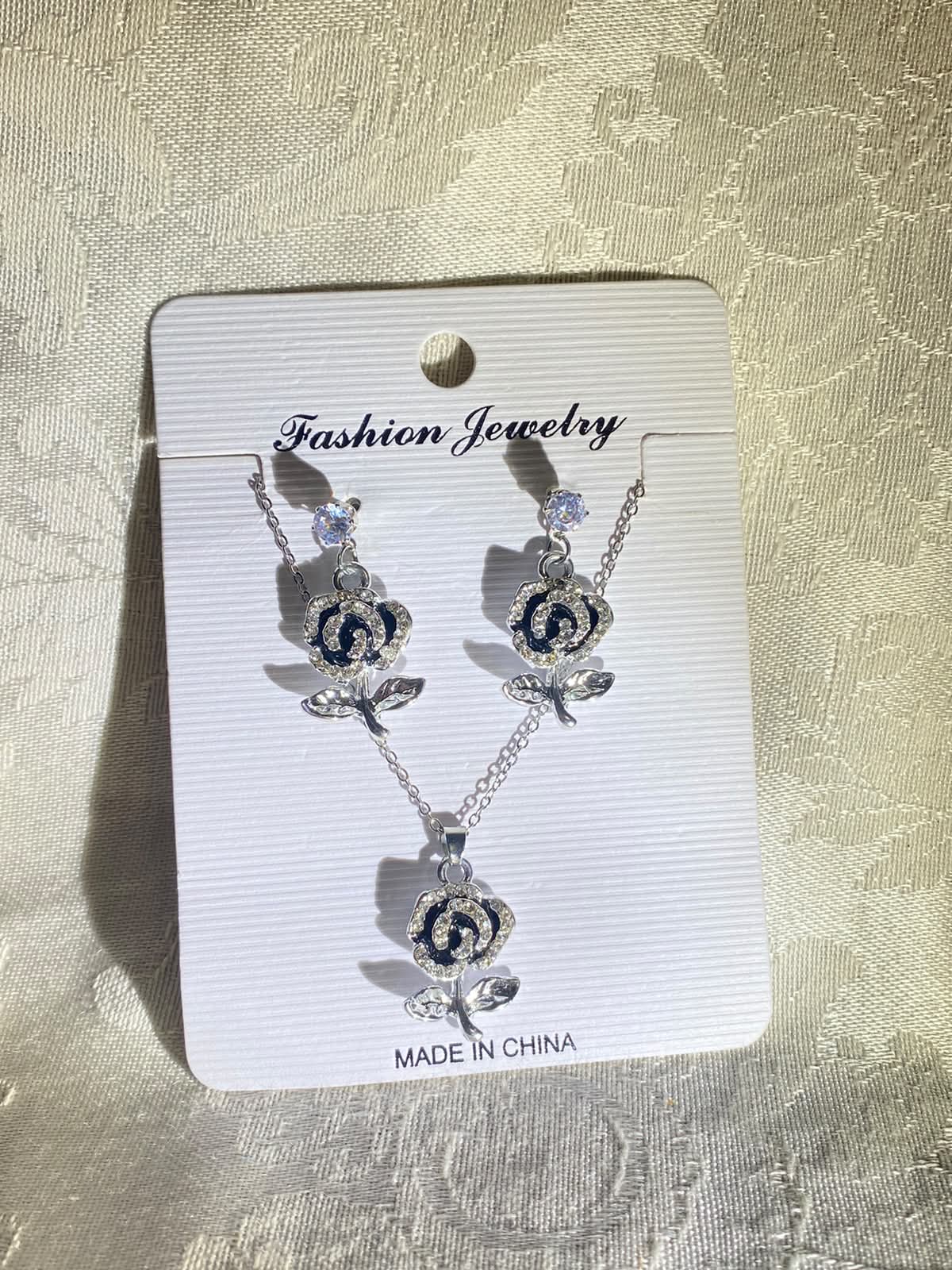 Silver Black Rose Necklace & Earrings Set with Crystal Accents