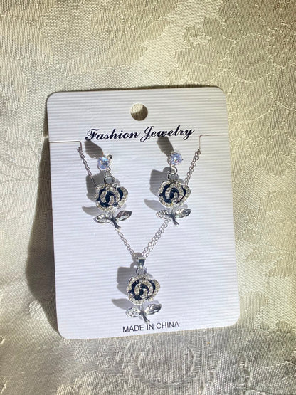 Silver Black Rose Necklace & Earrings Set with Crystal Accents