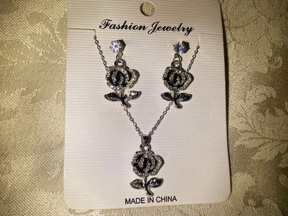 Silver Black Rose Necklace & Earrings Set with Crystal Accents