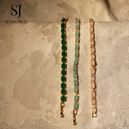 Gold tone tennis bracelet oval crystal bracelet emerald green mint blush bracelet set stackable bangle