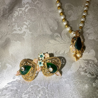 Pearl & Green Stone Gold-Toned Jewelry Set | Necklace & Earrings