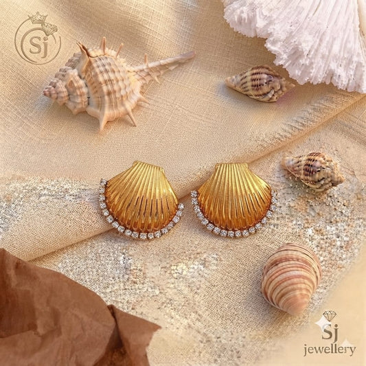 Gold-Toned Seashell Stud Earrings with Crystal Trim