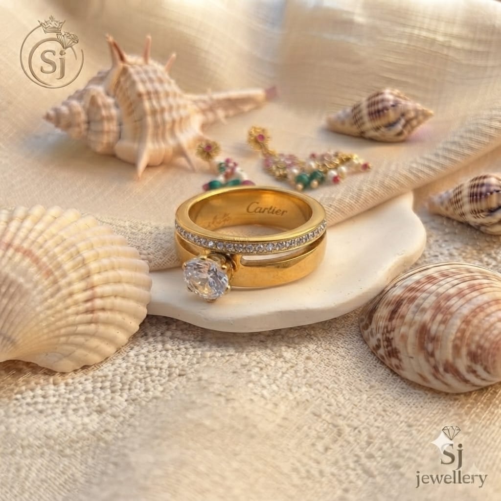 Gold-Toned Pavé Band Ring with Solitaire Crystal Stone