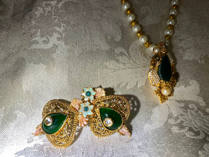 Pearl & Green Stone Gold-Toned Jewelry Set | Necklace & Earrings