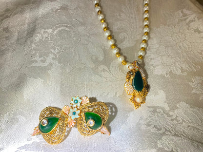 Pearl & Green Stone Gold-Toned Jewelry Set | Necklace & Earrings