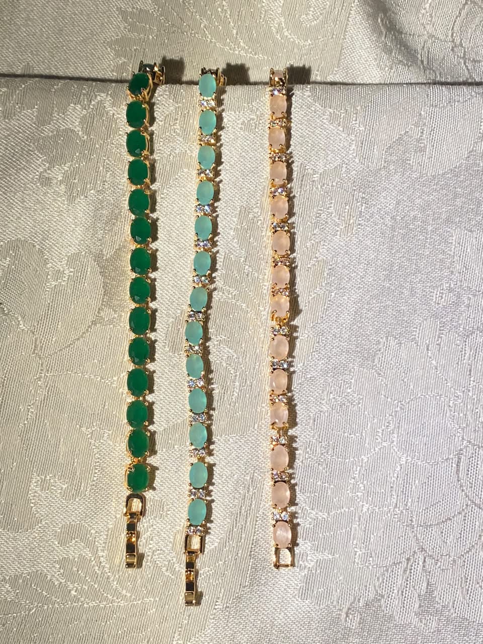 Gold tone tennis bracelet oval crystal bracelet emerald green mint blush bracelet set stackable bangle