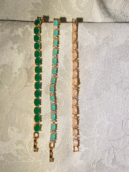 Gold tone tennis bracelet oval crystal bracelet emerald green mint blush bracelet set stackable bangle