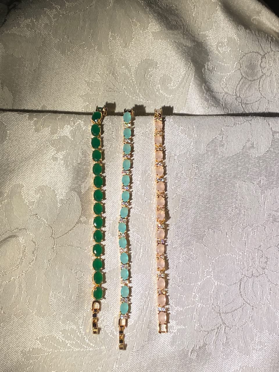 Gold tone tennis bracelet oval crystal bracelet emerald green mint blush bracelet set stackable bangle