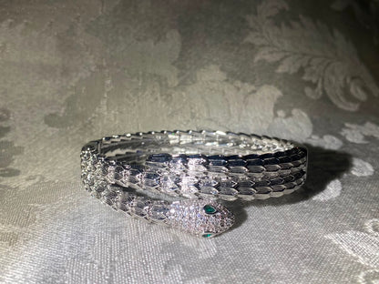 Silver-Tone Snake Bangle Bracelet with Crystal Pavé Head & Green Stone Eyes