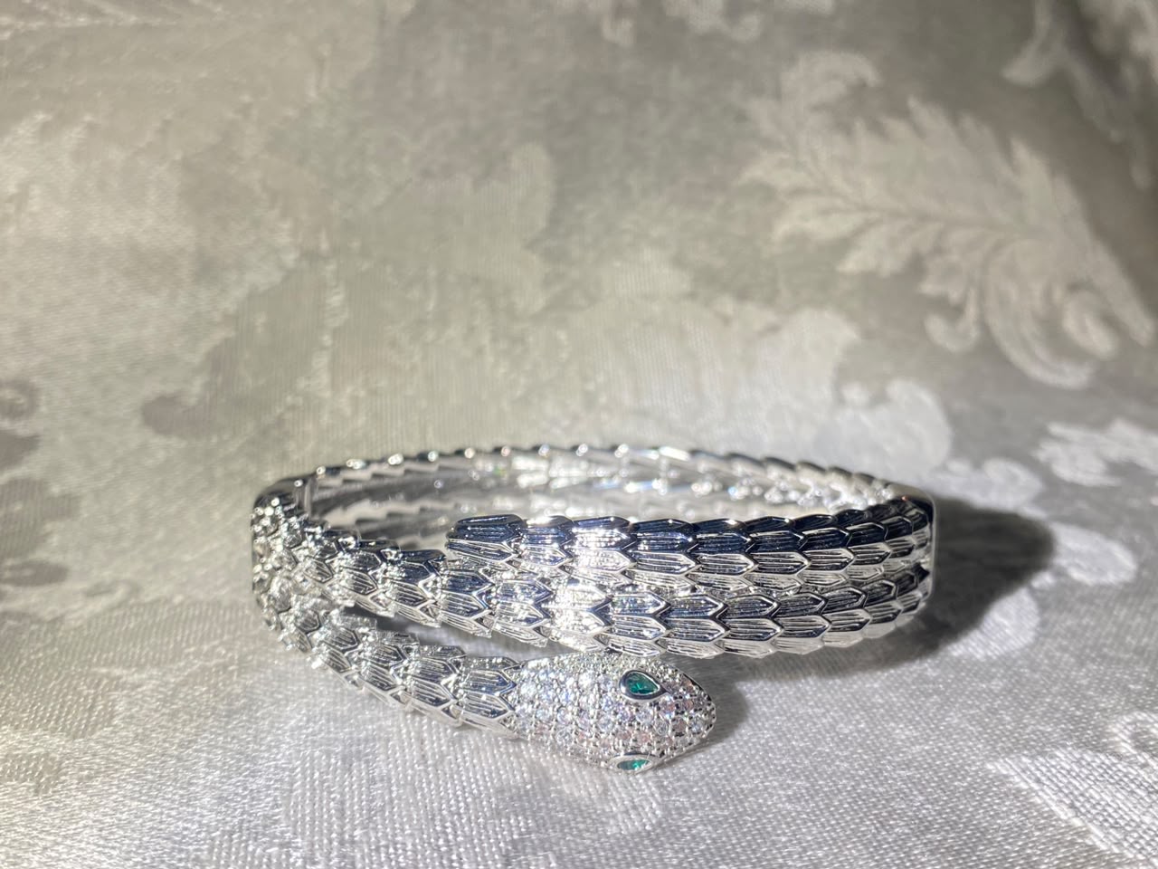 Silver snake bangle with crystal pavé head - SJ Jewellery