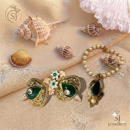 Pearl & Green Stone Gold-Toned Jewelry Set | Necklace & Earrings