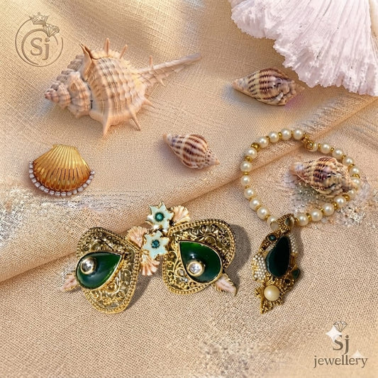 Pearl & Green Stone Gold-Toned Jewelry Set | Necklace & Earrings